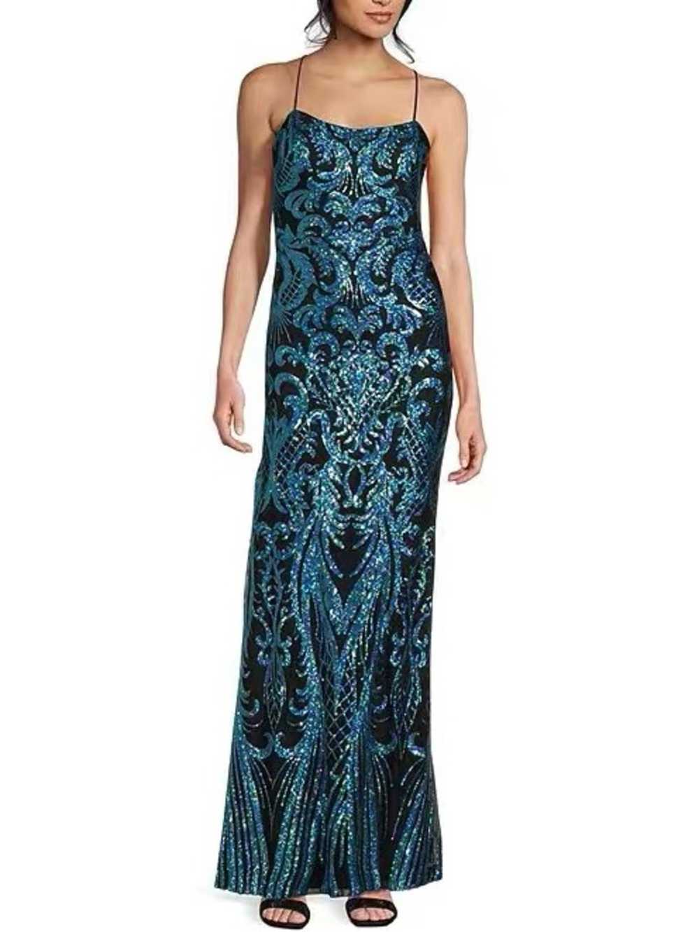 New Without Tag Teal Blue Sequin Spaghetti-Strap Maxi Dress Prom Party